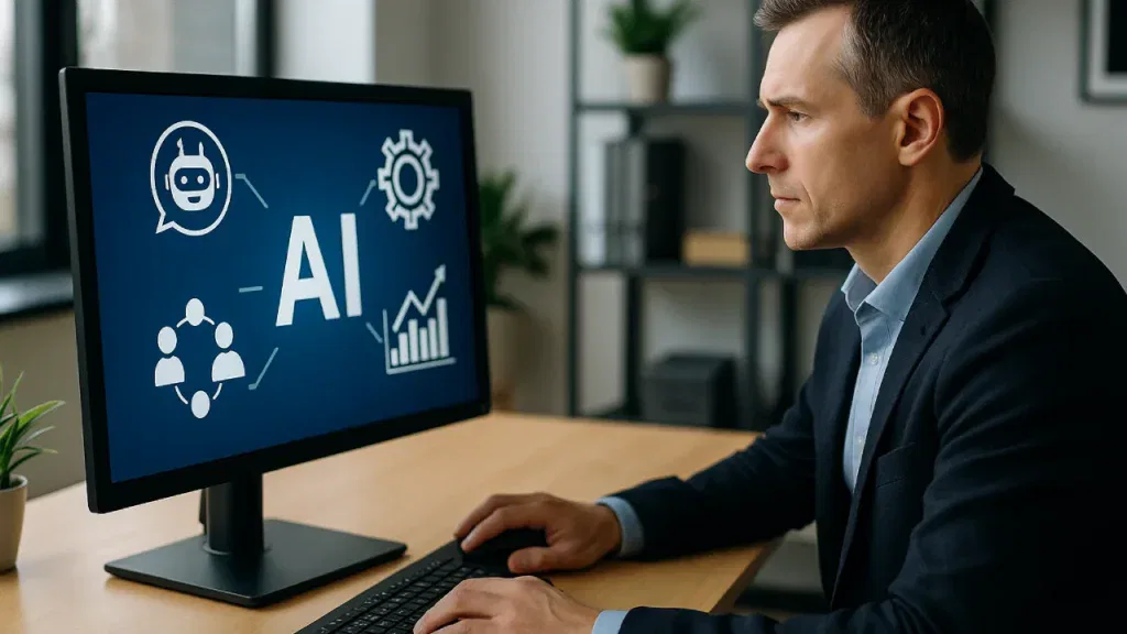 Przedsiębiorca korzystający z narzędzi AI w pracy biurowej