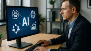 Przedsiębiorca korzystający z narzędzi AI w pracy biurowej